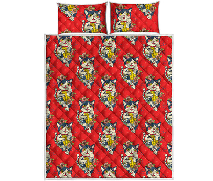 Japanese Cat Maneki Neko Pattern Print Quilt Bed Set
