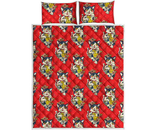 Japanese Cat Maneki Neko Pattern Print Quilt Bed Set