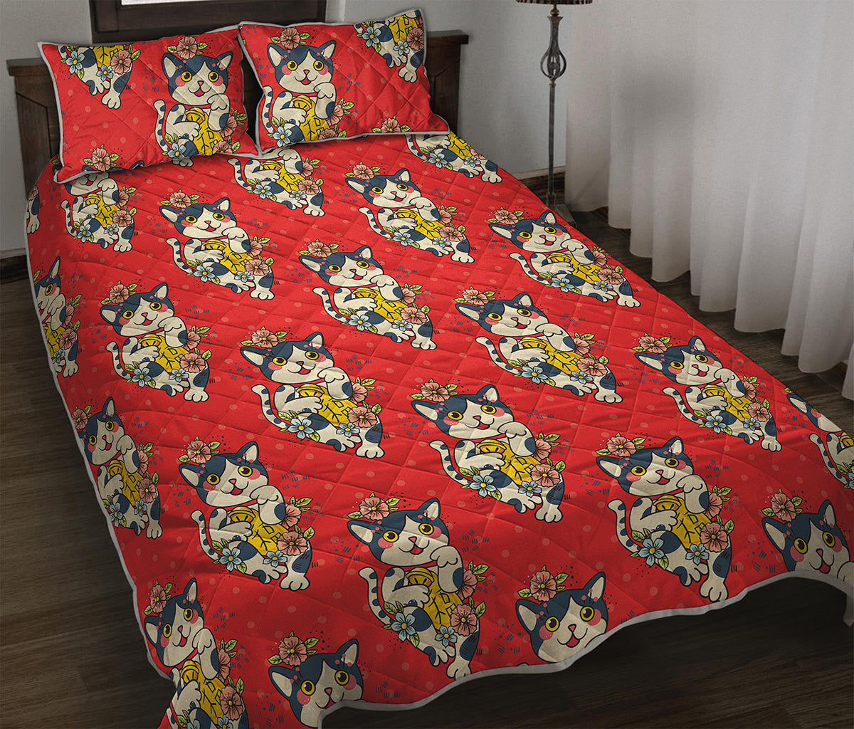 Japanese Cat Maneki Neko Pattern Print Quilt Bed Set