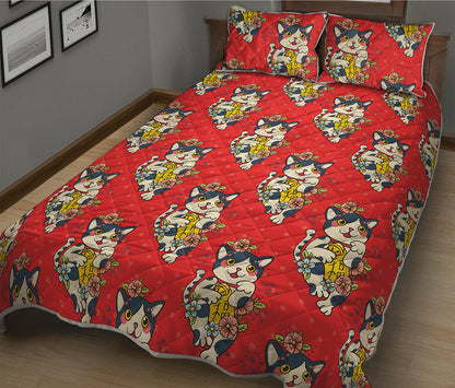 Japanese Cat Maneki Neko Pattern Print Quilt Bed Set