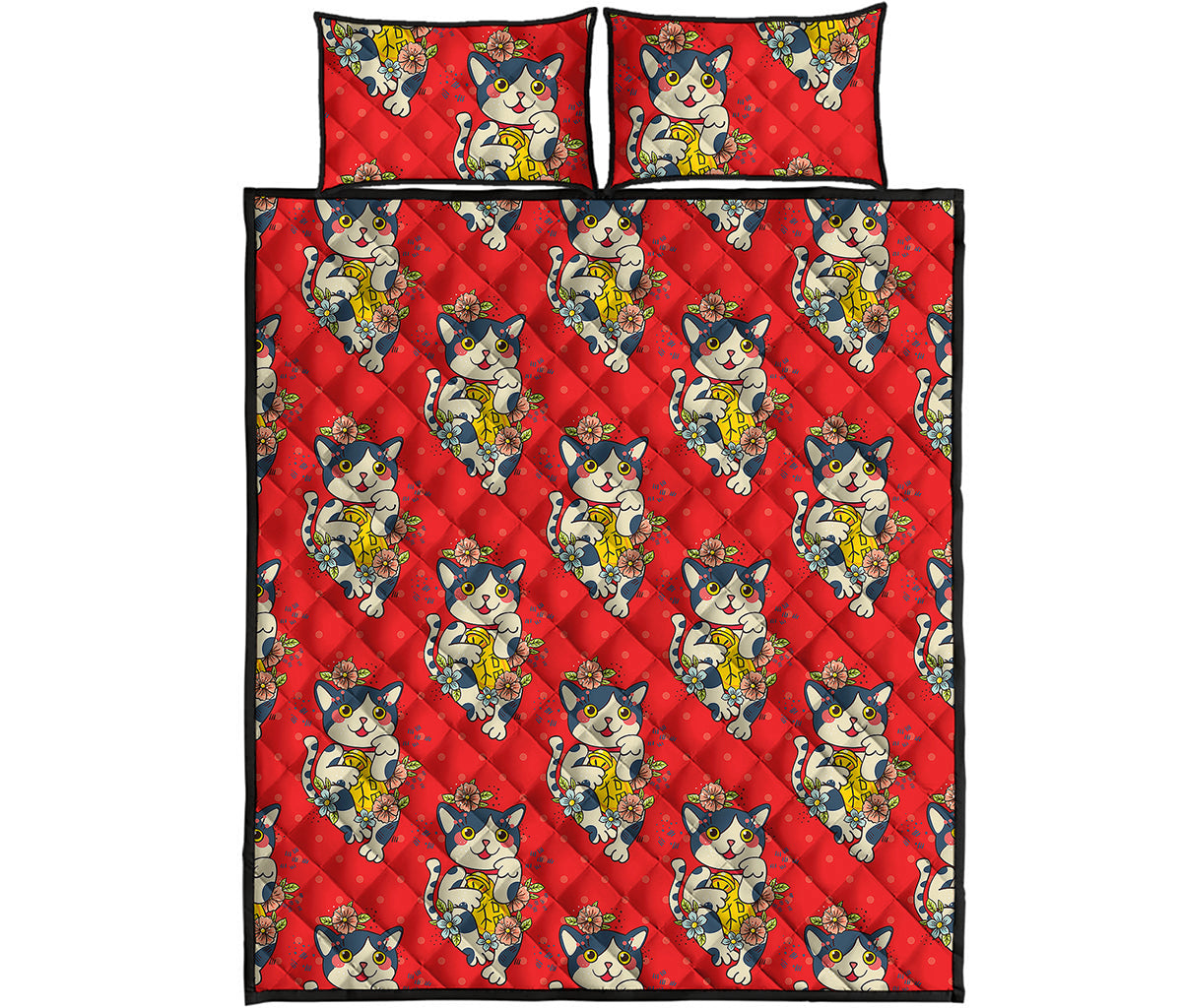 Japanese Cat Maneki Neko Pattern Print Quilt Bed Set