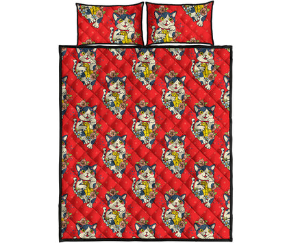 Japanese Cat Maneki Neko Pattern Print Quilt Bed Set