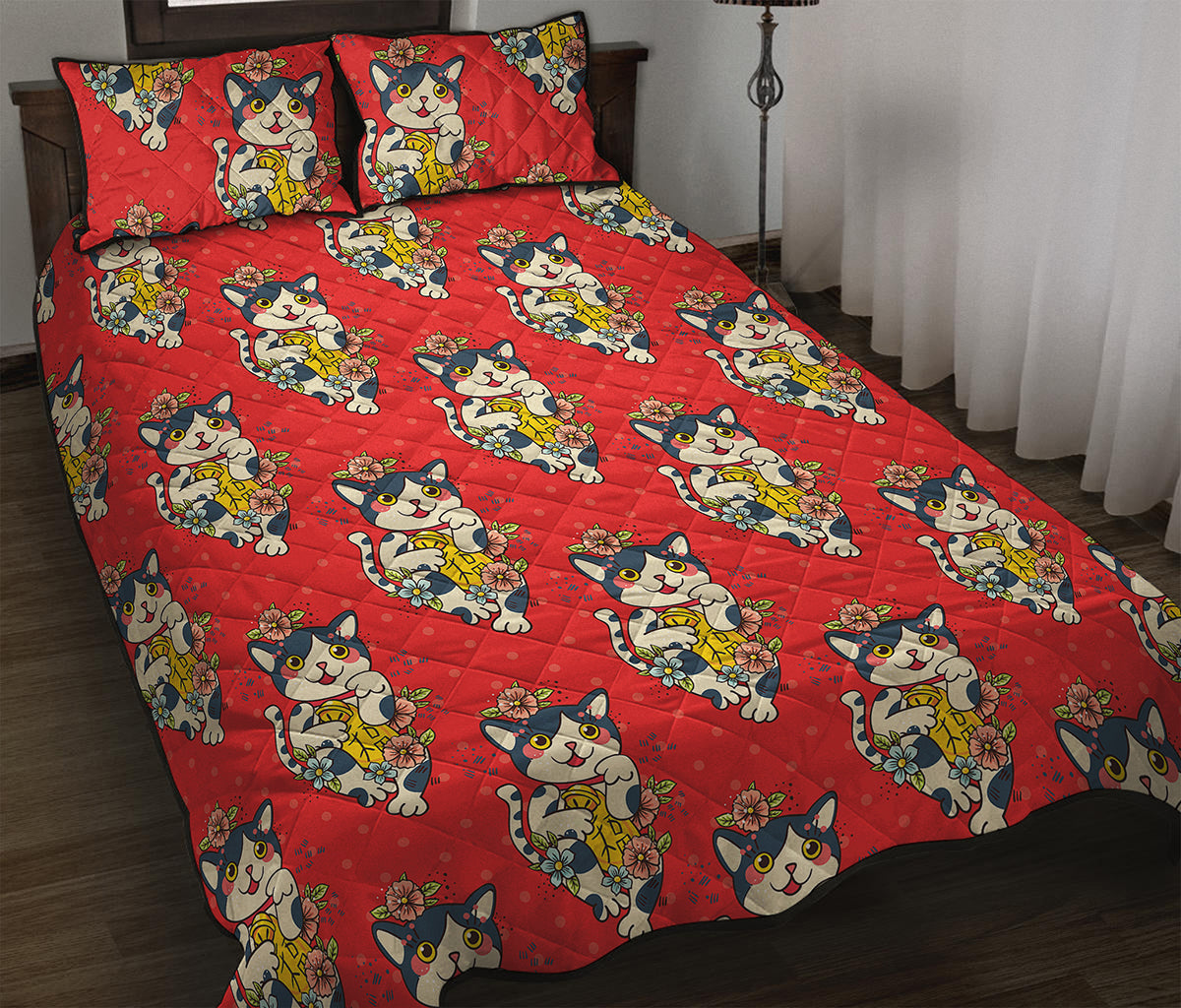 Japanese Cat Maneki Neko Pattern Print Quilt Bed Set
