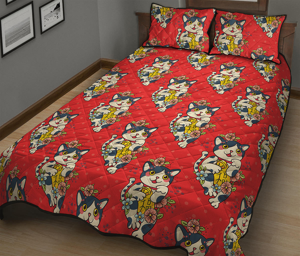 Japanese Cat Maneki Neko Pattern Print Quilt Bed Set