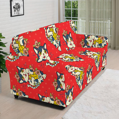 Japanese Cat Maneki Neko Pattern Print Sofa Cover