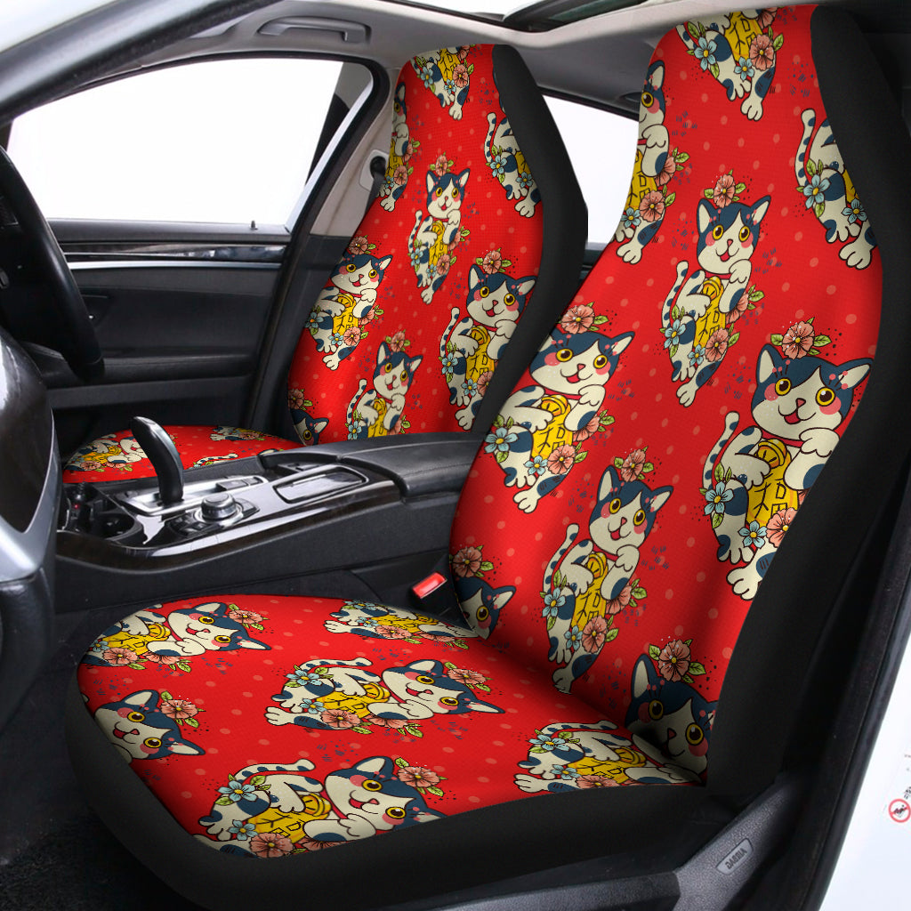 Japanese Cat Maneki Neko Pattern Print Universal Fit Car Seat Covers