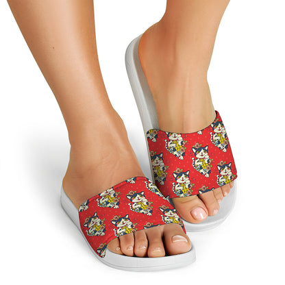 Japanese Cat Maneki Neko Pattern Print White Slide Sandals