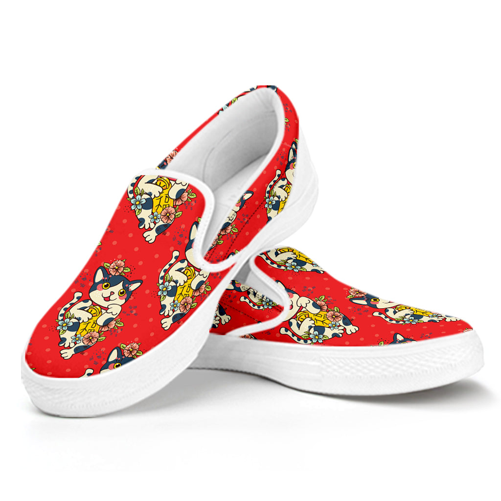 Japanese Cat Maneki Neko Pattern Print White Slip On Shoes