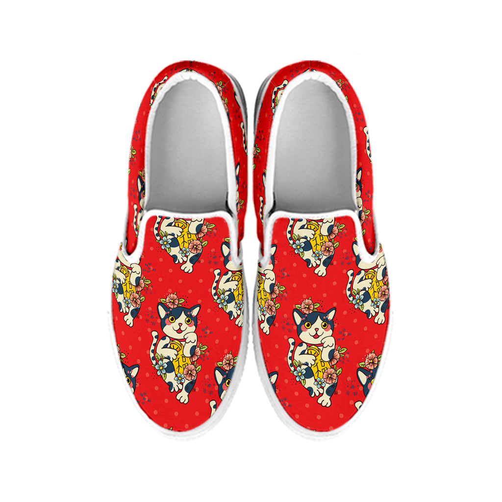 Japanese Cat Maneki Neko Pattern Print White Slip On Shoes