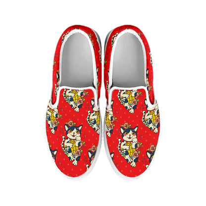 Japanese Cat Maneki Neko Pattern Print White Slip On Shoes