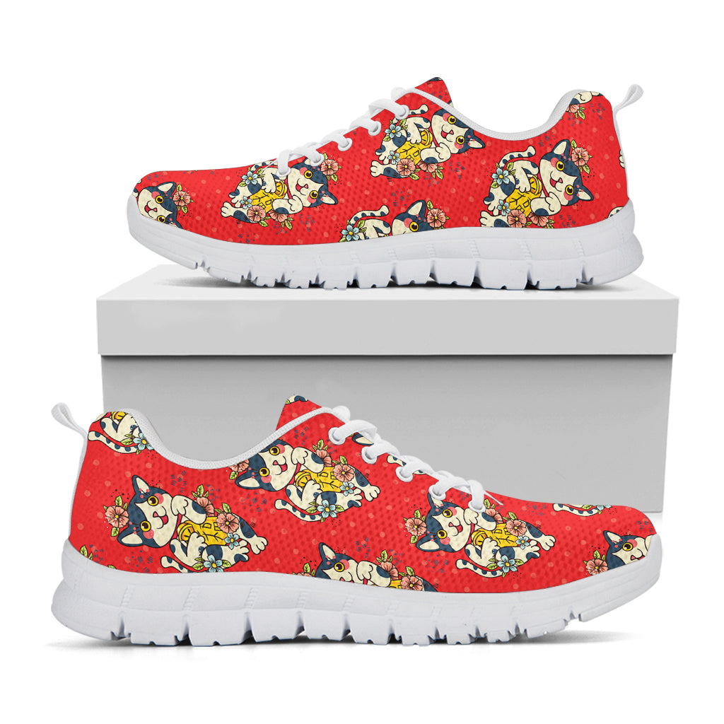 Japanese Cat Maneki Neko Pattern Print White Sneakers