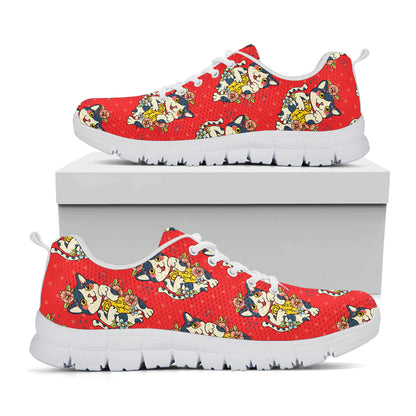 Japanese Cat Maneki Neko Pattern Print White Sneakers