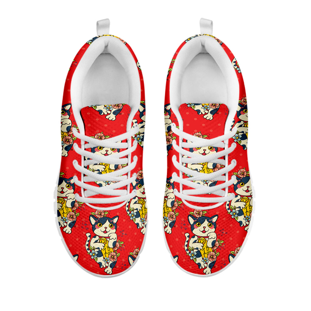 Japanese Cat Maneki Neko Pattern Print White Sneakers