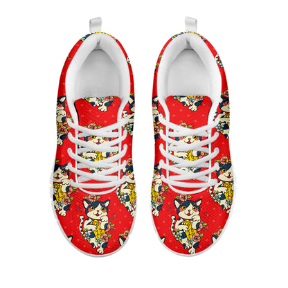 Japanese Cat Maneki Neko Pattern Print White Sneakers