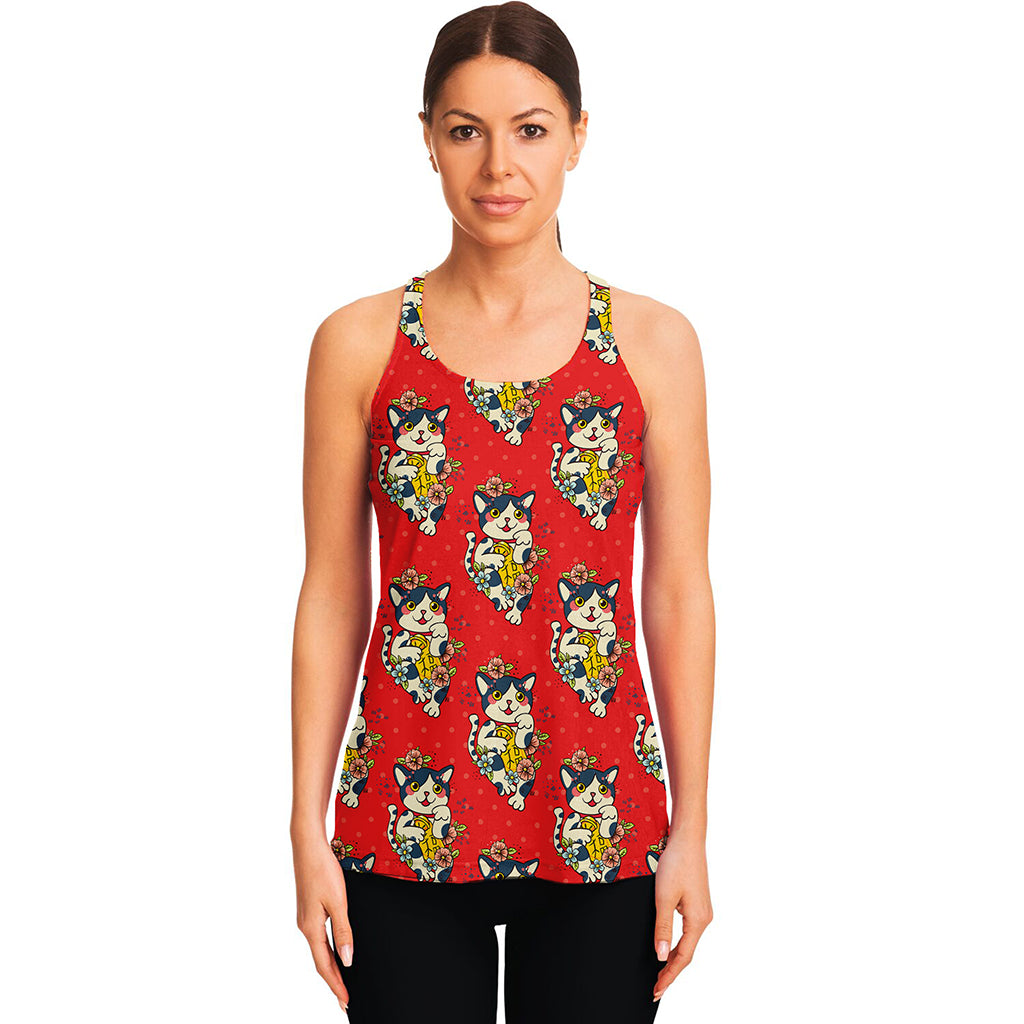 Japanese Cat Maneki Neko Pattern Print Women's Racerback Tank Top