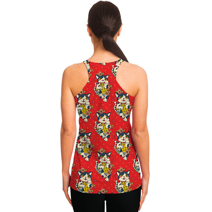Japanese Cat Maneki Neko Pattern Print Women's Racerback Tank Top