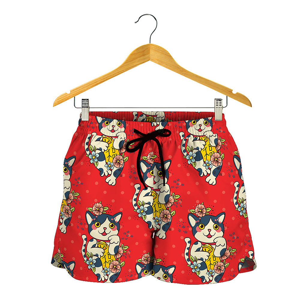 Japanese Cat Maneki Neko Pattern Print Women's Shorts