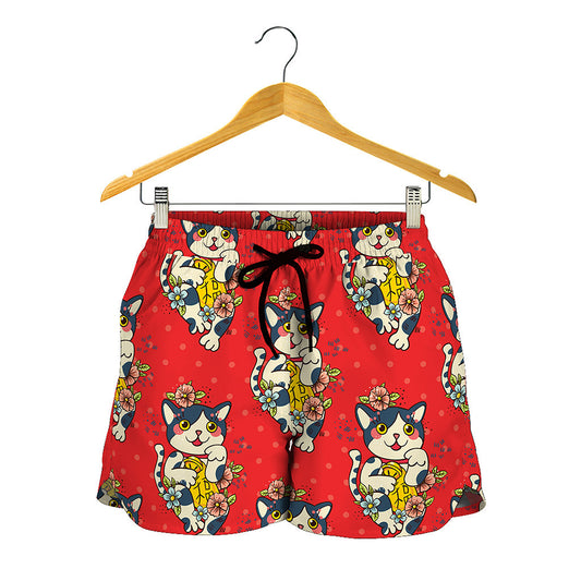 Japanese Cat Maneki Neko Pattern Print Women's Shorts