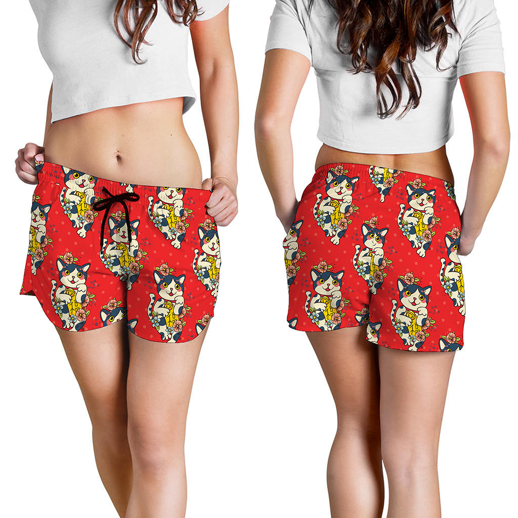 Japanese Cat Maneki Neko Pattern Print Women's Shorts