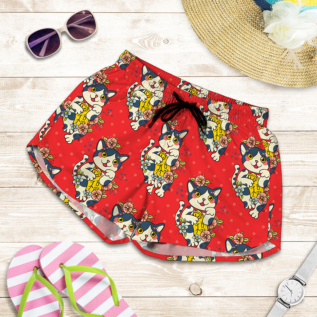 Japanese Cat Maneki Neko Pattern Print Women's Shorts