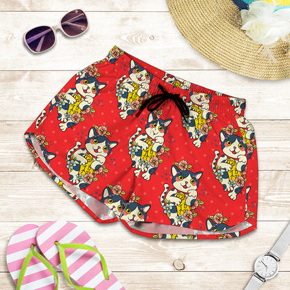 Japanese Cat Maneki Neko Pattern Print Women's Shorts