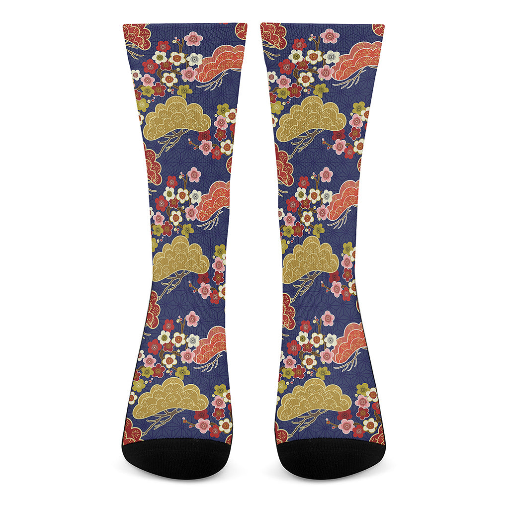 Japanese Cherry Blossom Pattern Print Crew Socks
