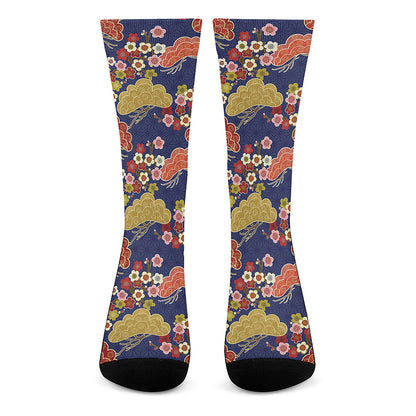 Japanese Cherry Blossom Pattern Print Crew Socks