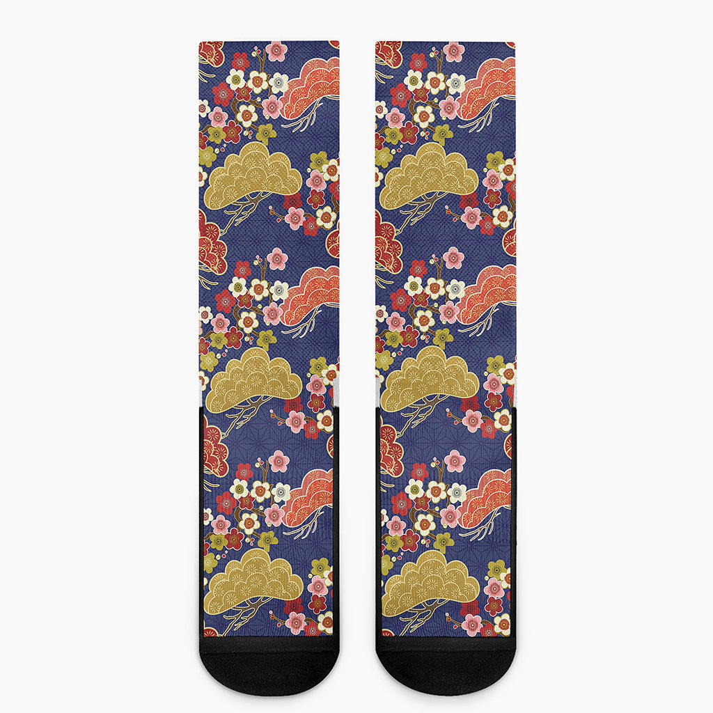 Japanese Cherry Blossom Pattern Print Crew Socks