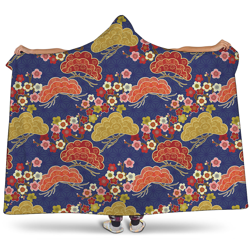 Japanese Cherry Blossom Pattern Print Hooded Blanket