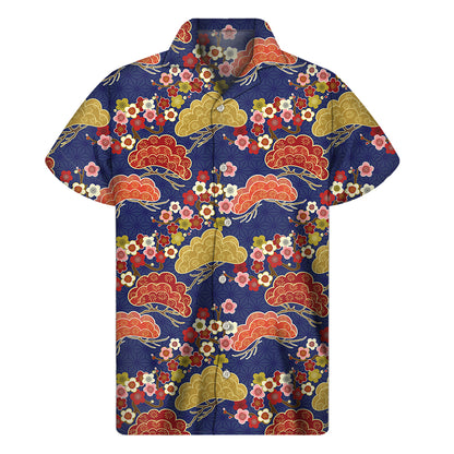 Japanese Cherry Blossom Pattern Print Men's Short Sleeve Shirt