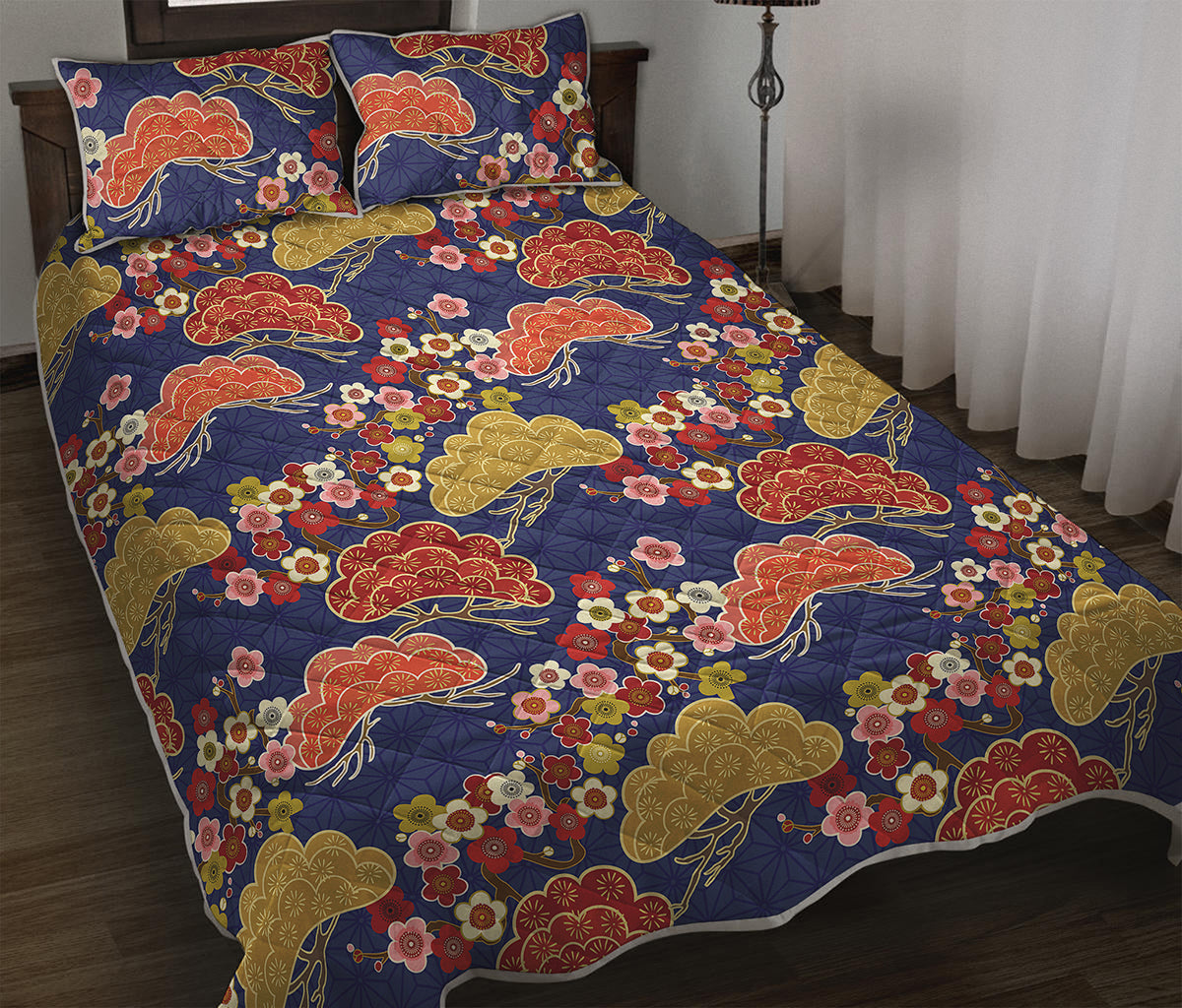 Japanese Cherry Blossom Pattern Print Quilt Bed Set