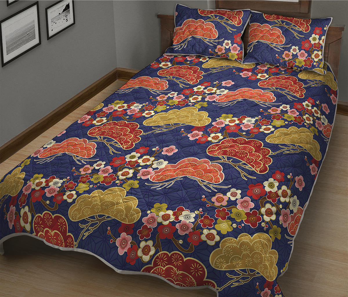 Japanese Cherry Blossom Pattern Print Quilt Bed Set