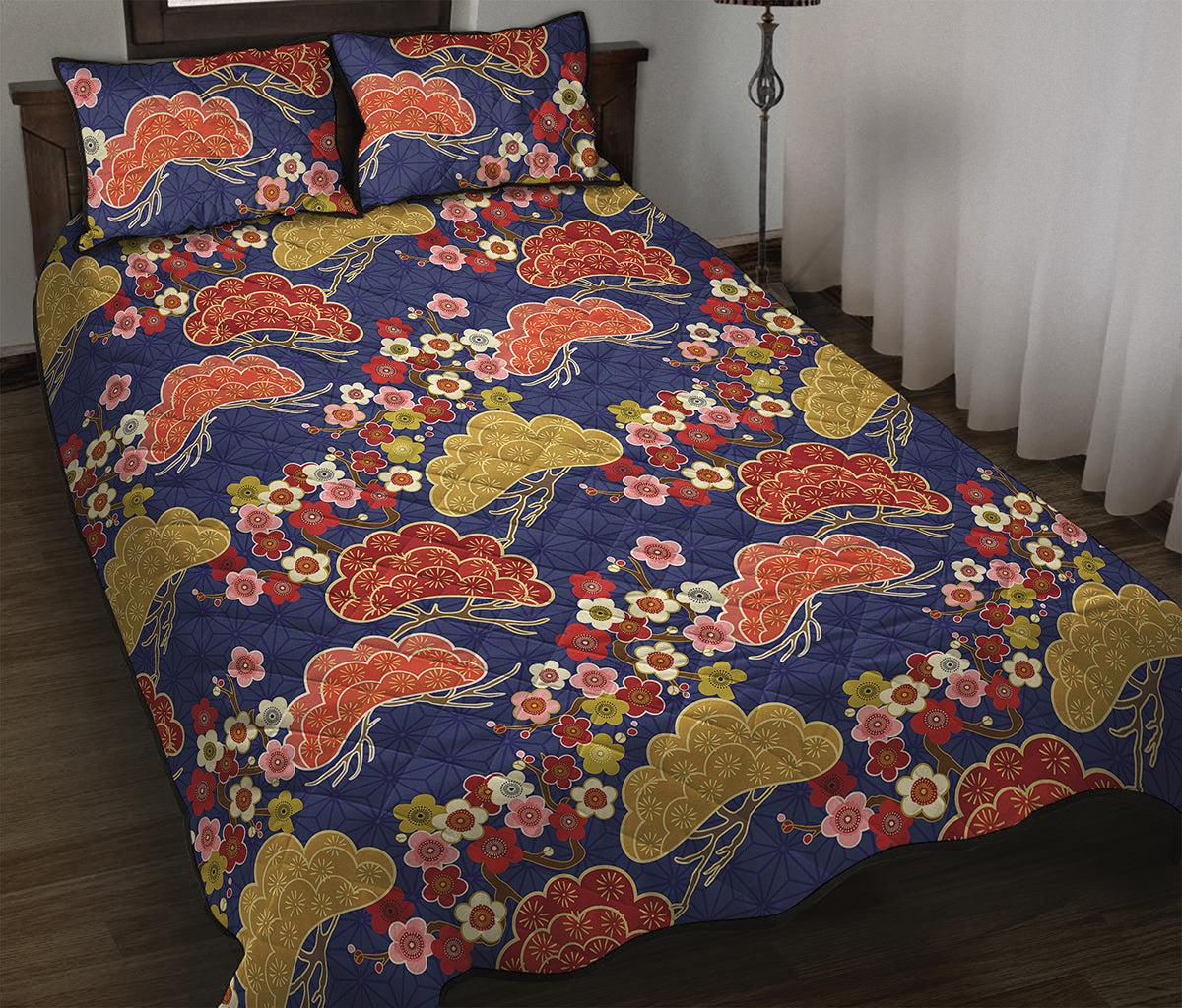 Japanese Cherry Blossom Pattern Print Quilt Bed Set
