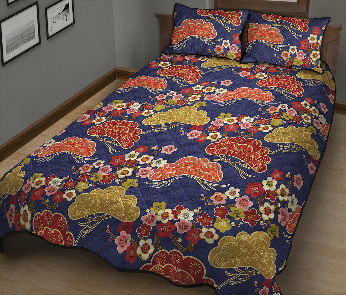 Japanese Cherry Blossom Pattern Print Quilt Bed Set