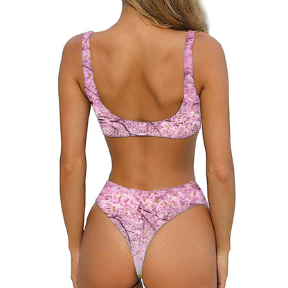 Japanese Cherry Blossom Tree Print Front Bow Tie Bikini
