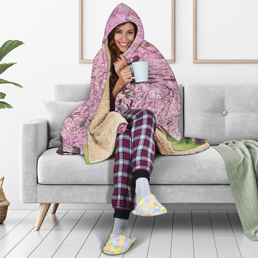 Japanese Cherry Blossom Tree Print Hooded Blanket