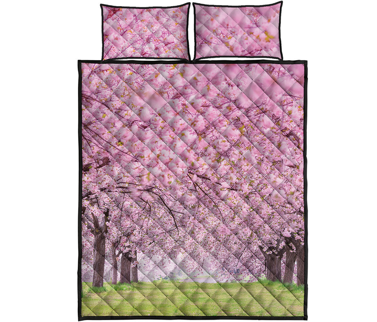 Japanese Cherry Blossom Tree Print Quilt Bed Set