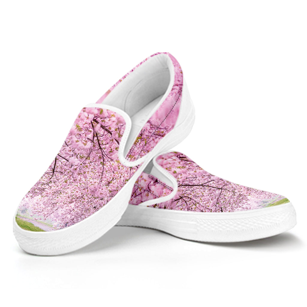 Japanese Cherry Blossom Tree Print White Slip On Shoes