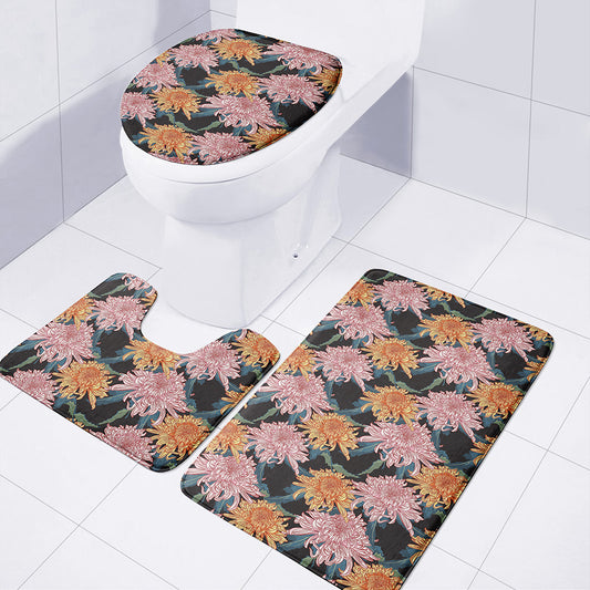 Japanese Chrysanthemum Pattern Print 3 Piece Bath Mat Set