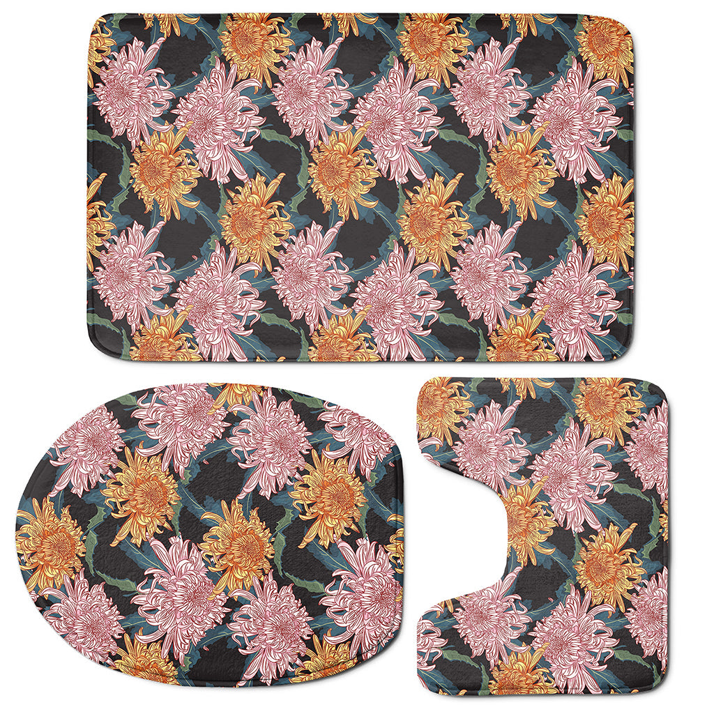 Japanese Chrysanthemum Pattern Print 3 Piece Bath Mat Set