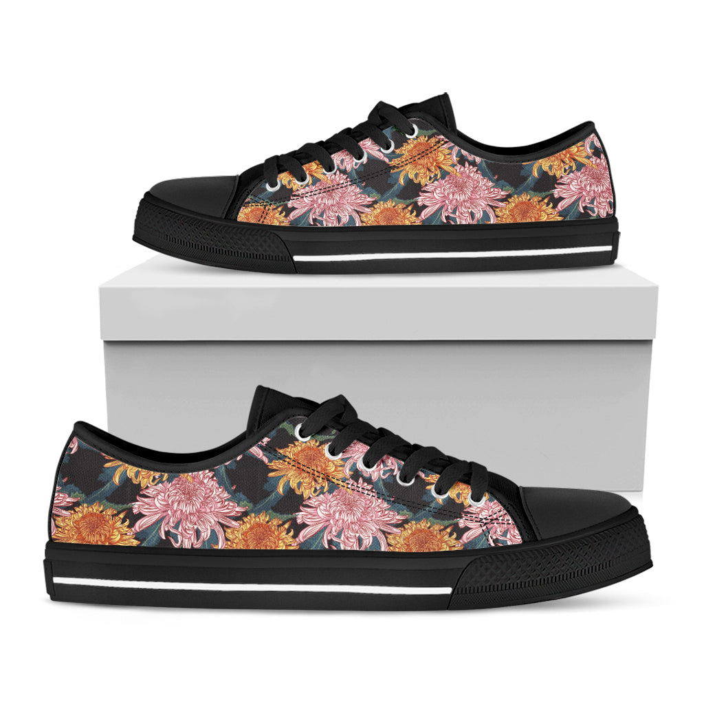 Japanese Chrysanthemum Pattern Print Black Low Top Shoes