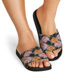 Japanese Chrysanthemum Pattern Print Black Slide Sandals