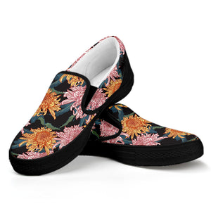 Japanese Chrysanthemum Pattern Print Black Slip On Shoes