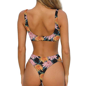 Japanese Chrysanthemum Pattern Print Front Bow Tie Bikini