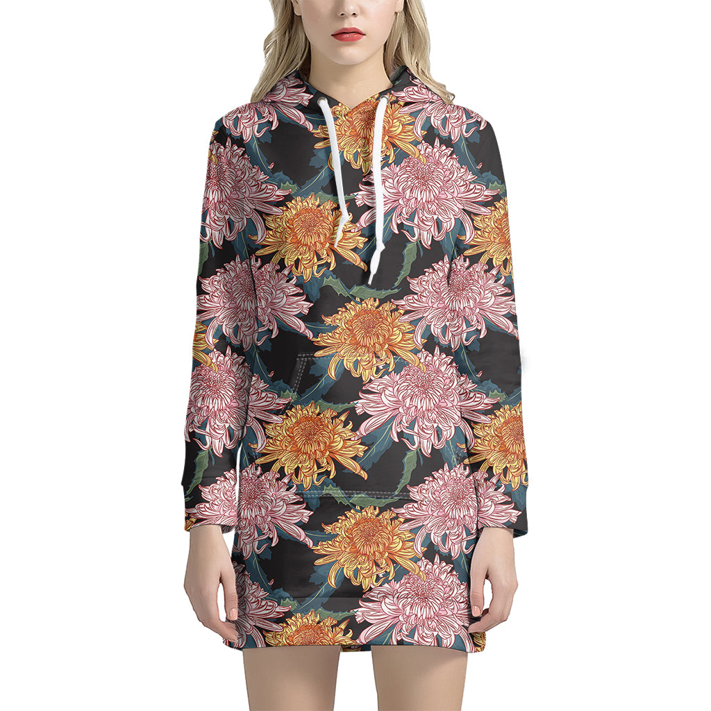 Japanese Chrysanthemum Pattern Print Hoodie Dress