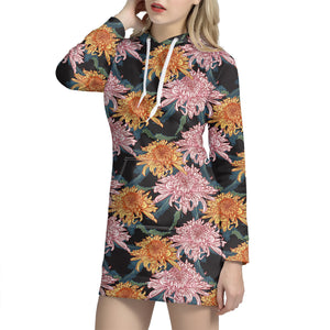 Japanese Chrysanthemum Pattern Print Hoodie Dress