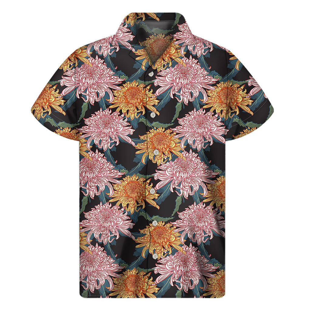 Japanese Chrysanthemum Pattern Print Men's Short Sleeve Shirt