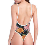 Japanese Chrysanthemum Pattern Print One Piece High Cut Swimsuit