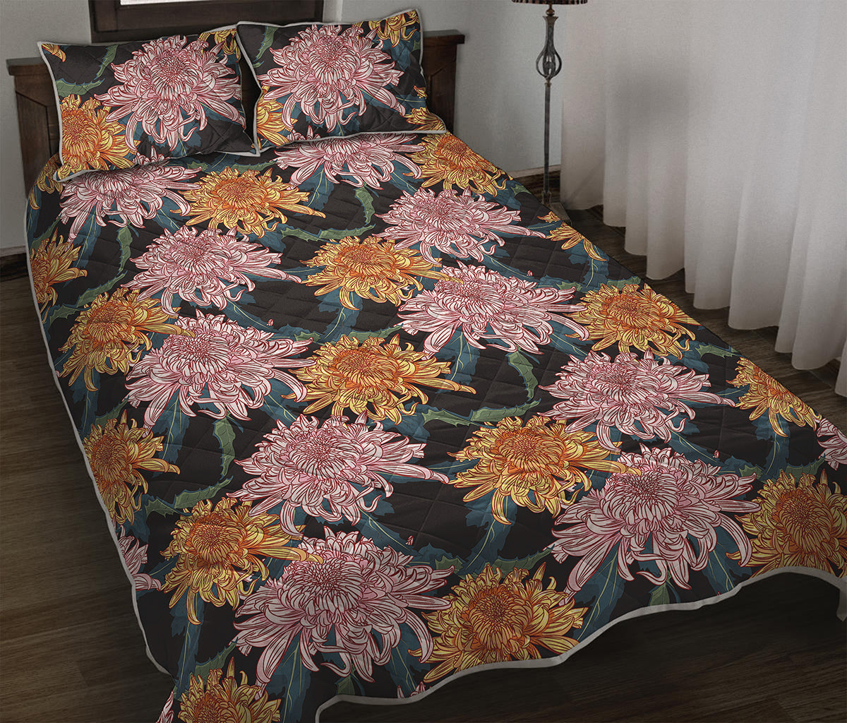 Japanese Chrysanthemum Pattern Print Quilt Bed Set