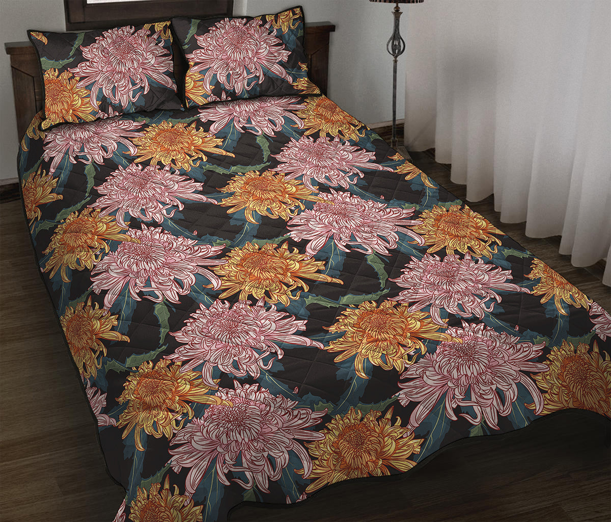 Japanese Chrysanthemum Pattern Print Quilt Bed Set